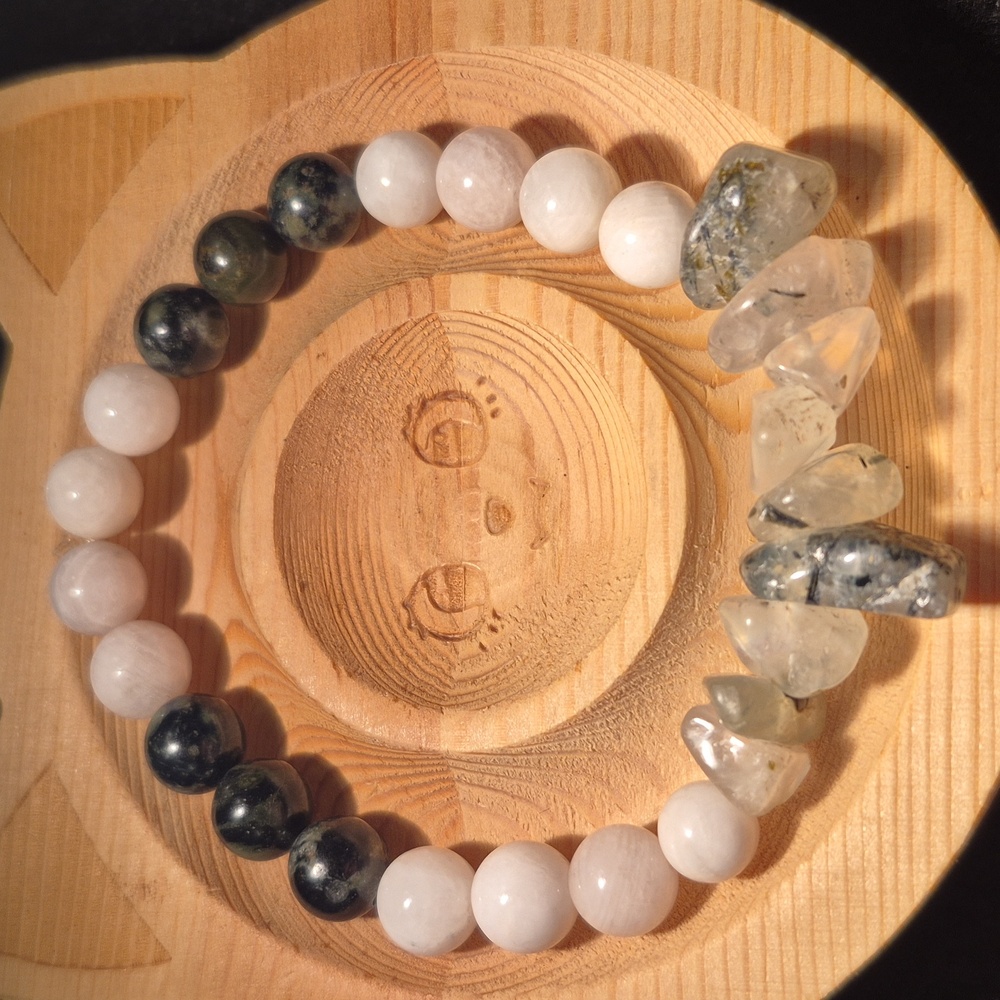 Moonstone,  tourmalated quartz and kambaba jasper